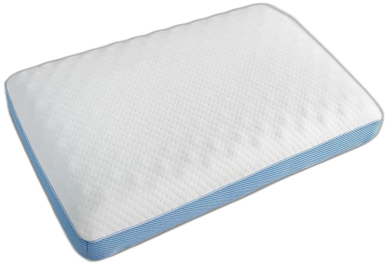 UNO Relax Memory Cool pillow — white quilted sleep surface with blue airflow mesh border